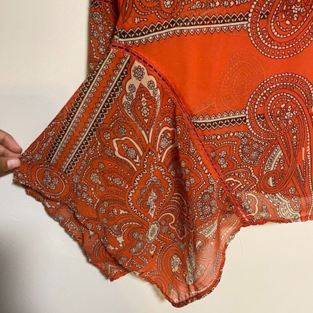 Love Sam Orange Paisley Boho Silk Chiffon Blouse Size XS - Picture 10 of 11